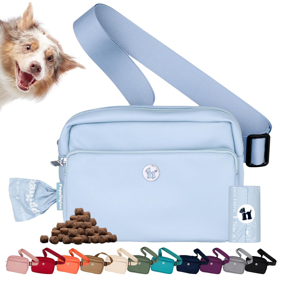 Puppington crossbody dog walking bag in ice blue for hands-free outings.