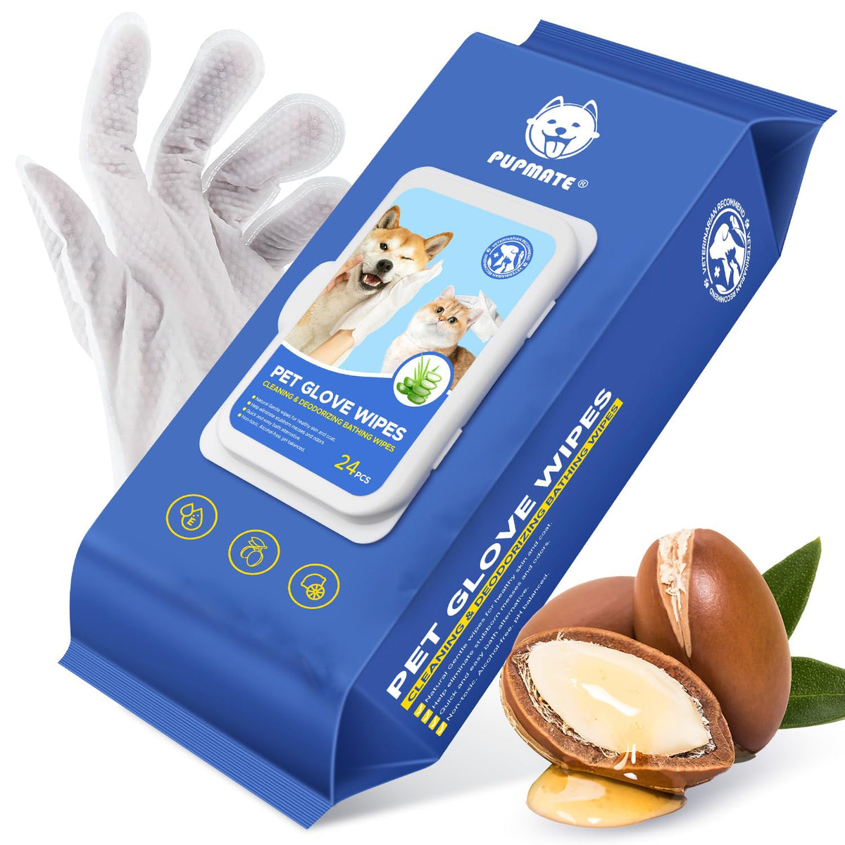 PUPMATE glove wipe in action on a dog's coat for quick, no-rinse cleaning