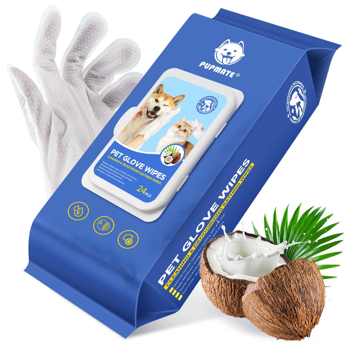 PUPMATE Glove Wipes packaging shows a no-rinse solution for quick cleanups.