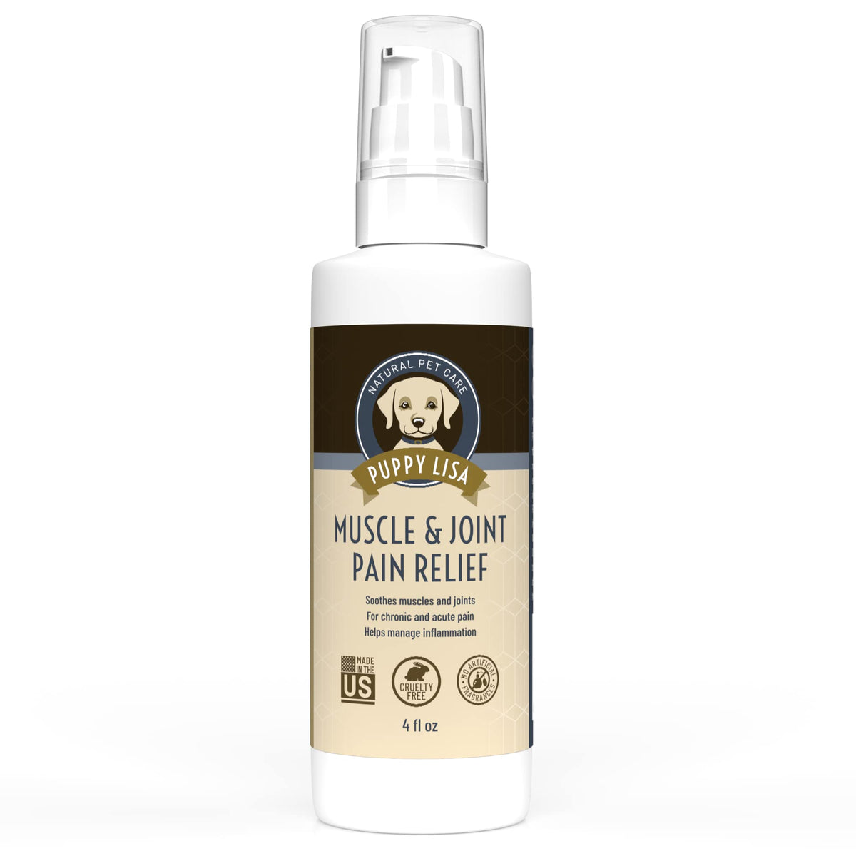 Puppy Lisa Muscle and Joint Pain Relief Cream bottle pour for quick topical relief.