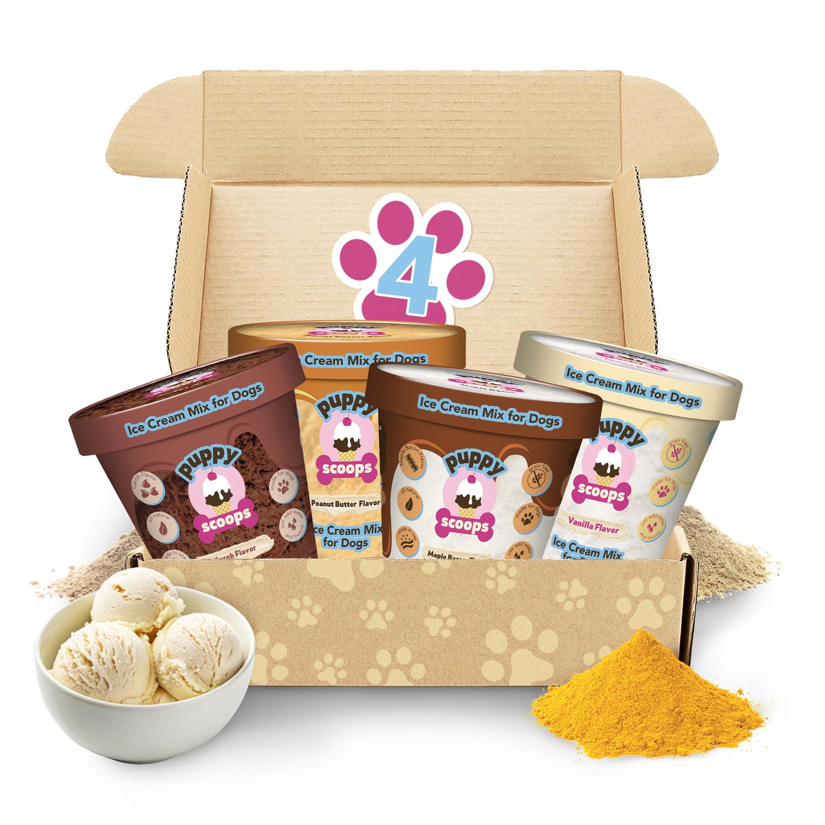 Puppy Scoops variety pack ice cream cups for a cool dog treat at home