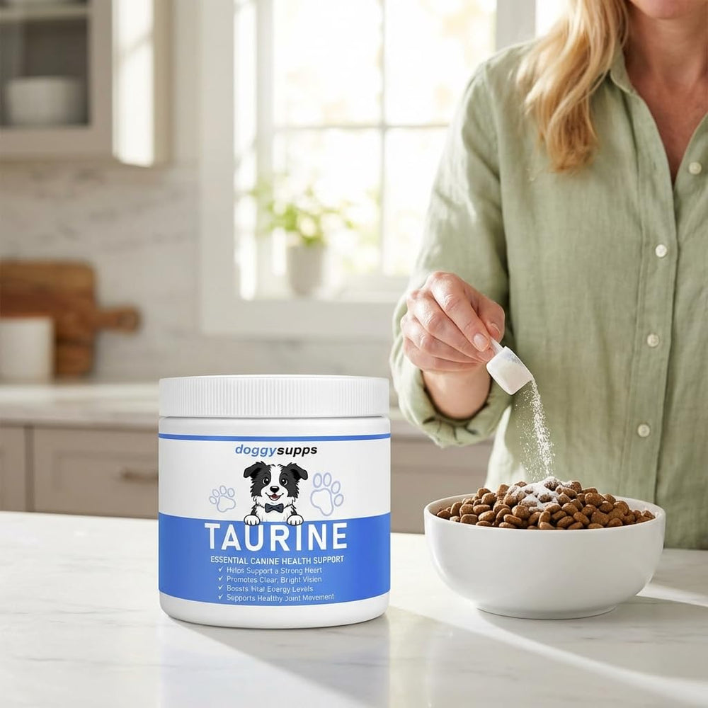 PuppyLabCo Taurine powder beside a dog bowl for daily feeding routine