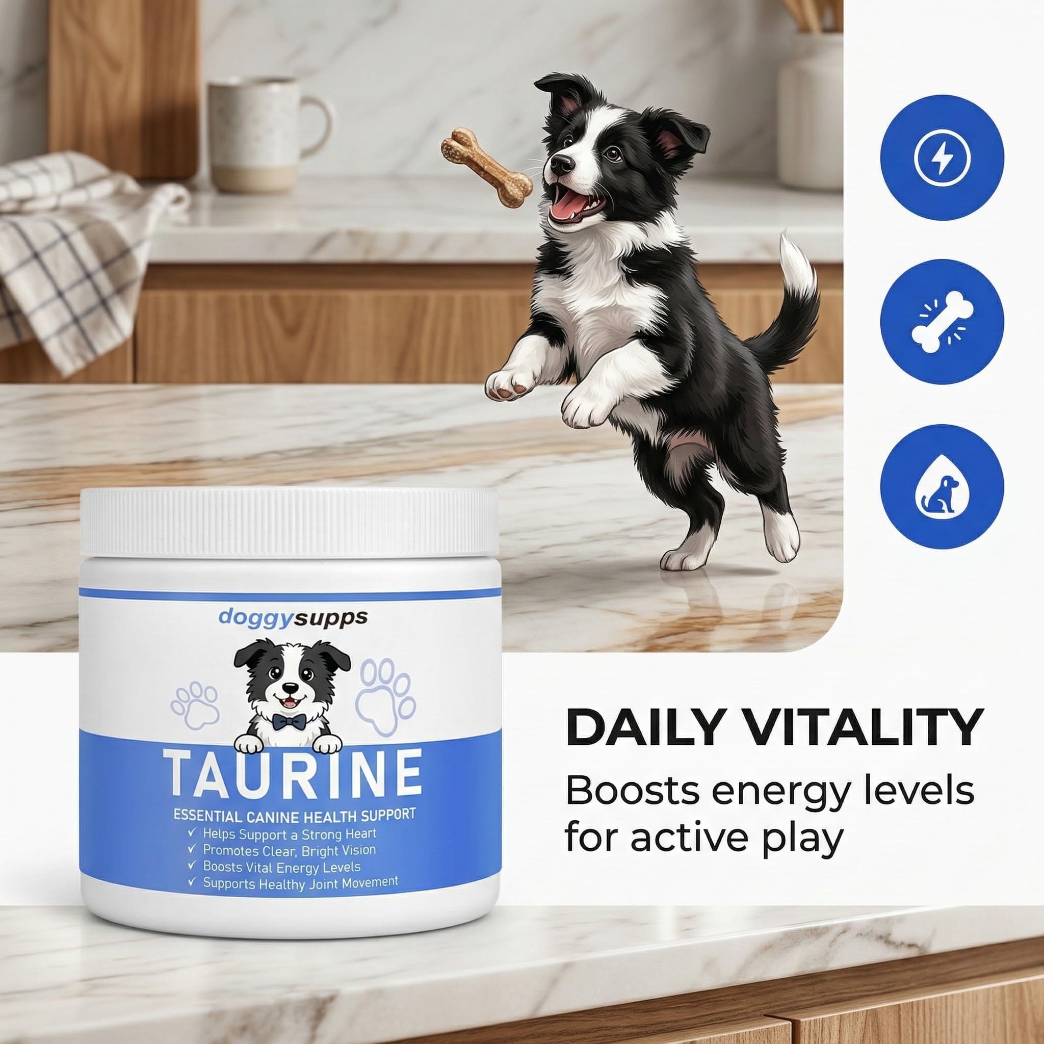 PuppyLabCo Taurine powder jar with label signals premium supplement for dogs