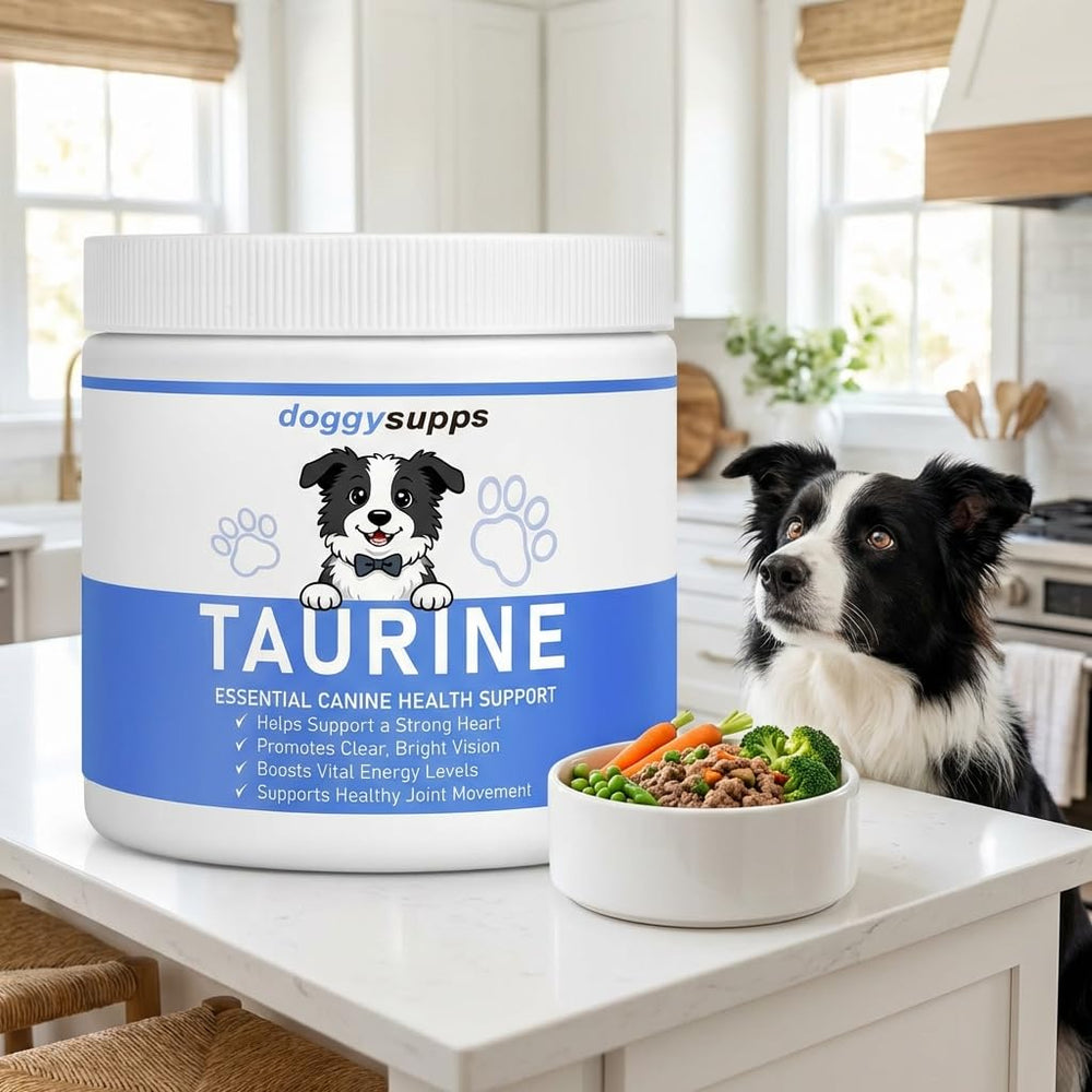 PuppyLabCo Taurine powder label close-up highlights clean ingredients