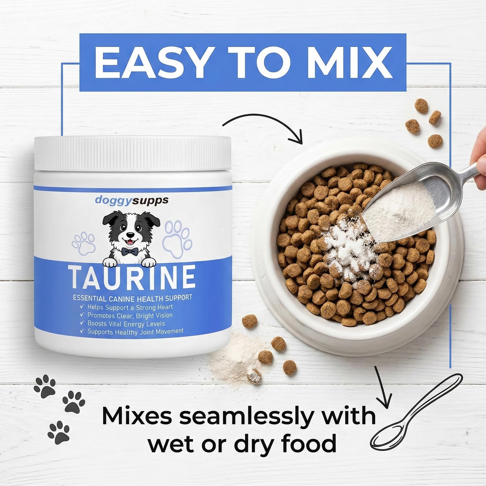PuppyLabCo Taurine powder stirred into wet food for meal variety