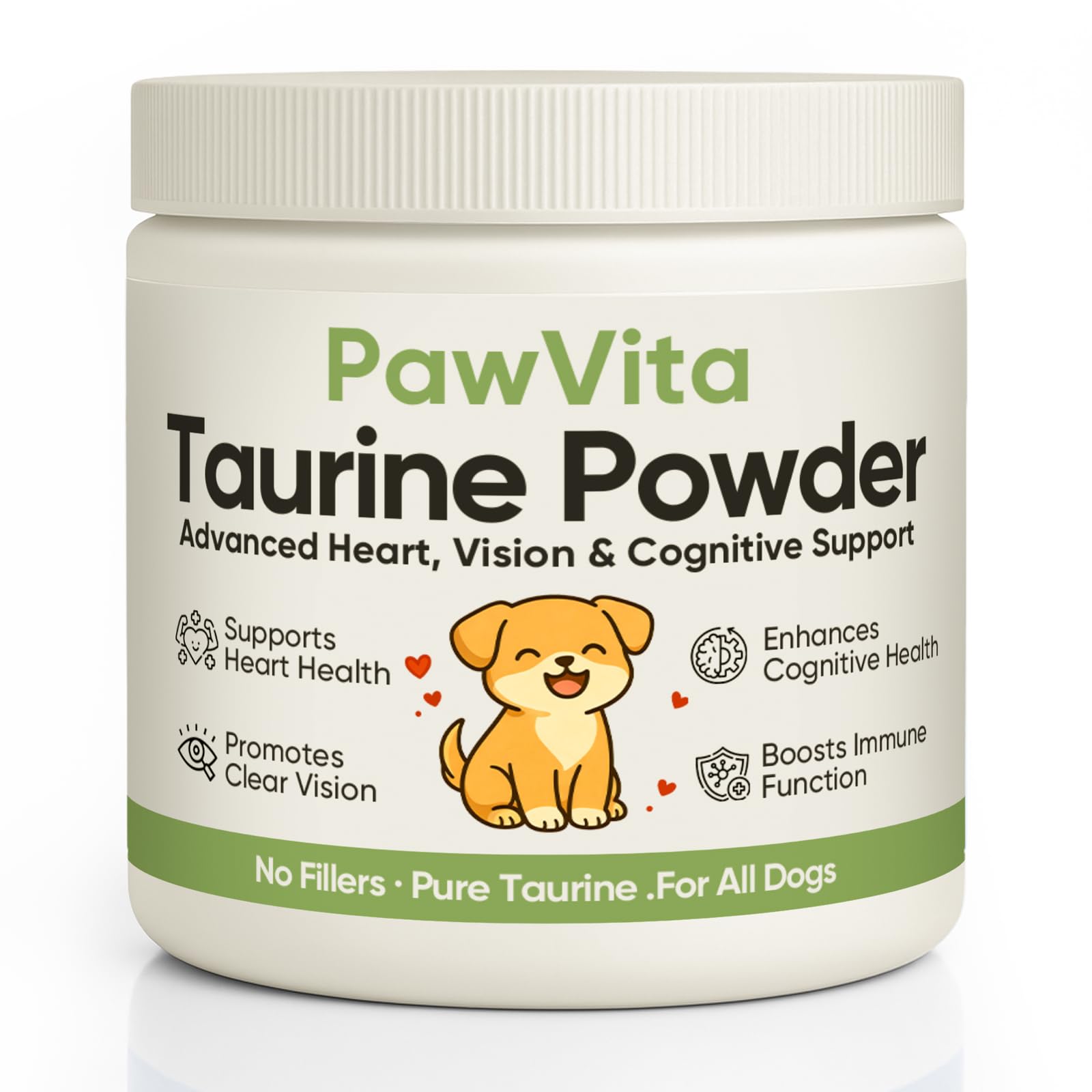 PuppyLabCo Pawvita Taurine powder container highlighting purity for daily dog health