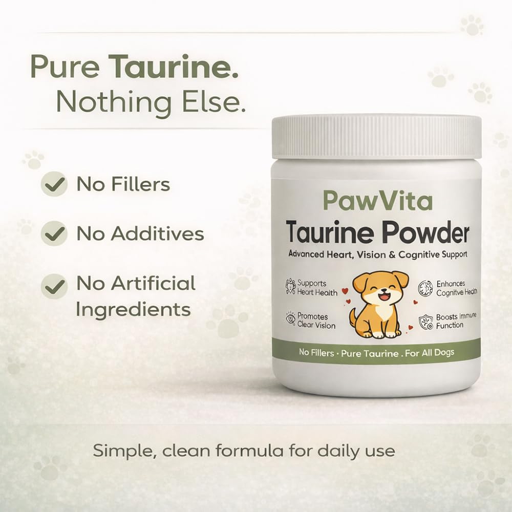 PuppyLabCo Pawvita Taurine powder with scoop suggests precise daily dosing