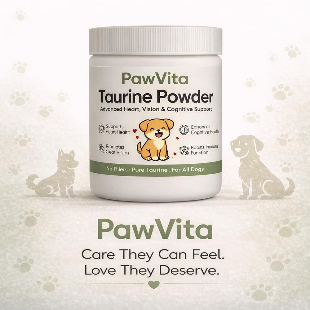 PuppyLabCo Pawvita Taurine powder packaging emphasizes heart function support