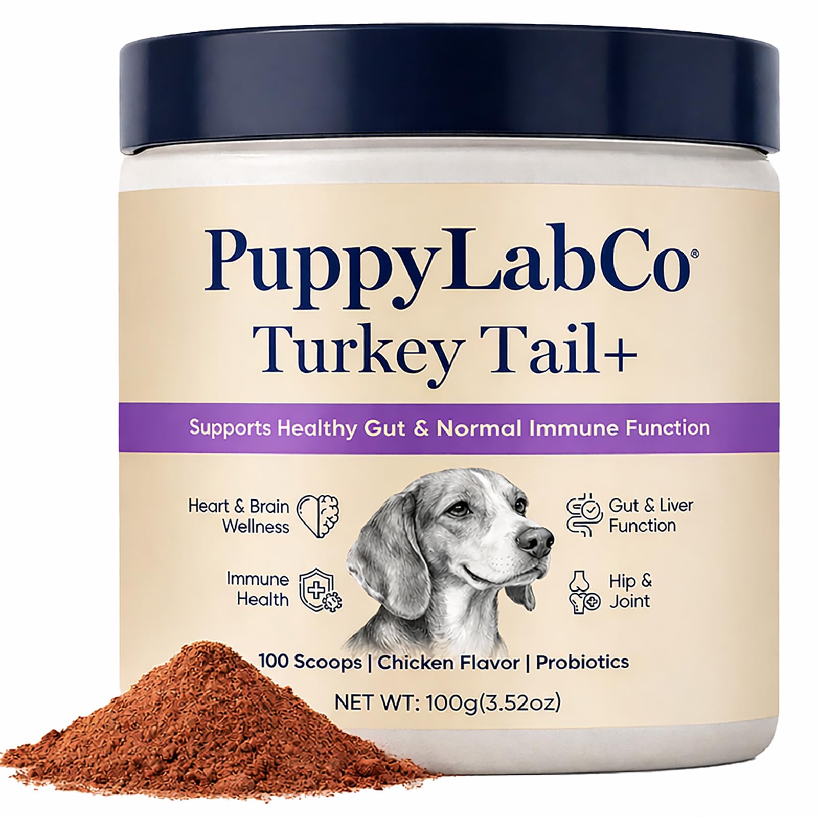 PuppyLabCo Turkey Tail powder jar poured for effortless daily gut support.