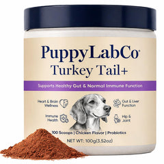 PuppyLabCo Turkey Tail powder jar poured for effortless daily gut support.