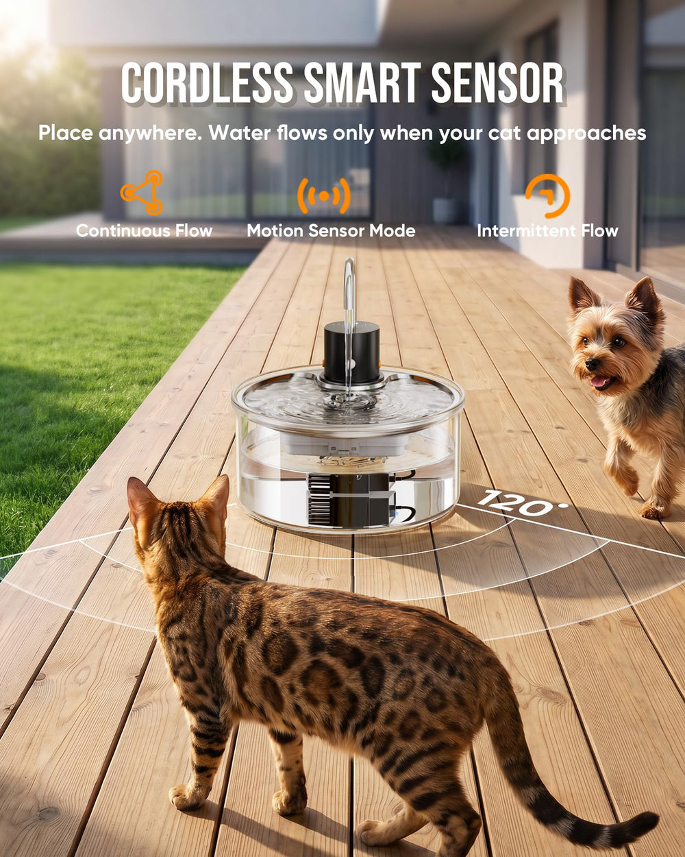 PuppySpout glass cat water fountain with three modes for flexible hydration