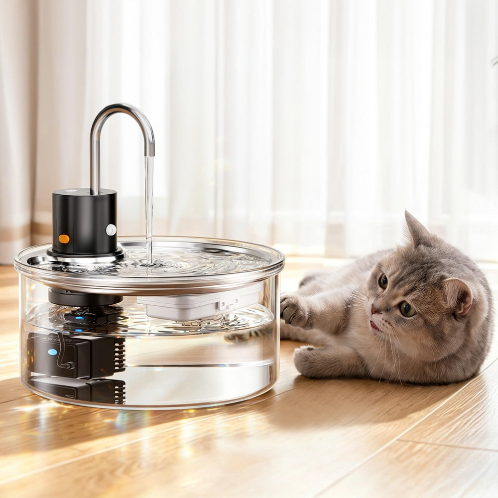 PuppySpout glass cat water fountain shows clear reservoir visibility for easy refills
