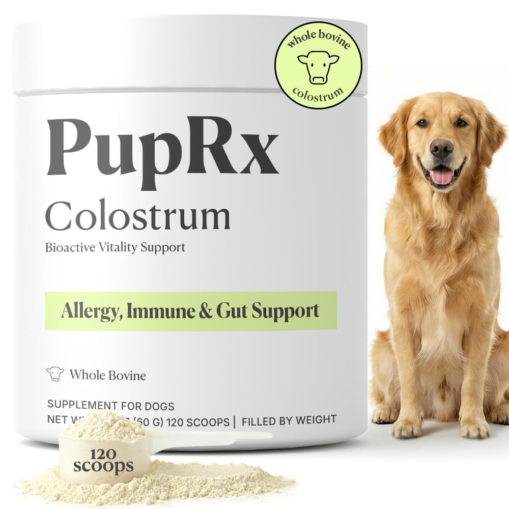PupRx Colostrum powder bottle pour indicating immune support for dogs.