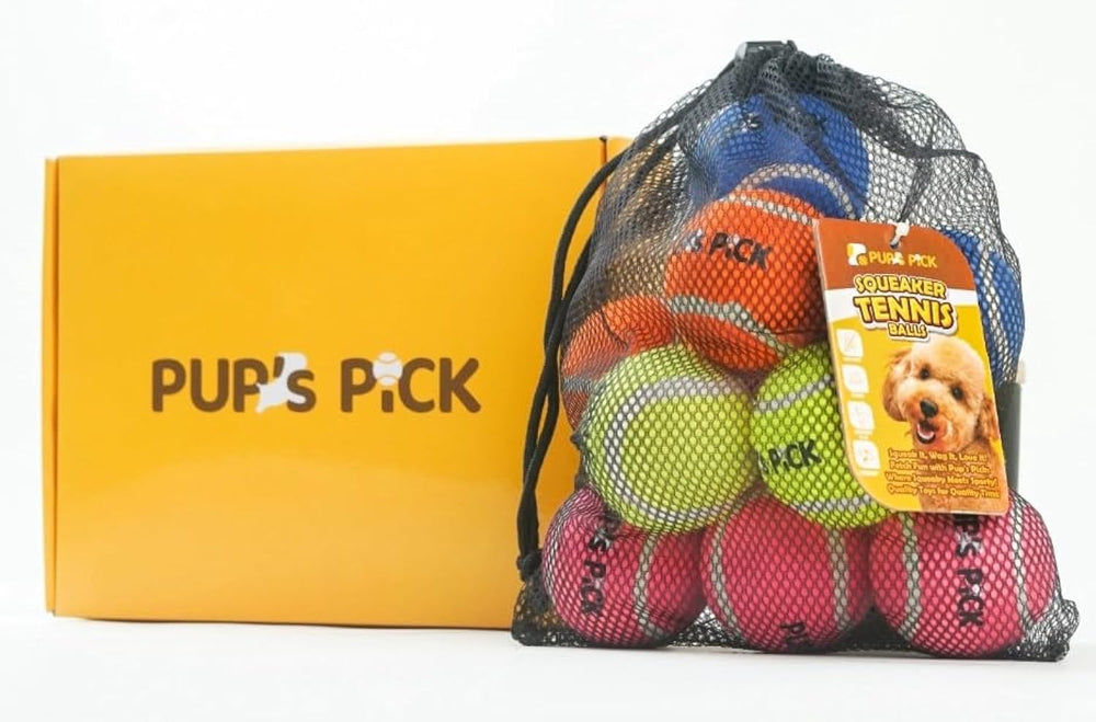 Pup's Pick yellow squeaky tennis ball for outdoor fetch and high visibility