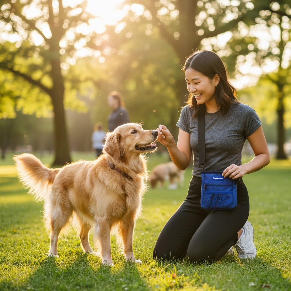PupSensei dog treat pouch with belt clip provides secure hands-free access.