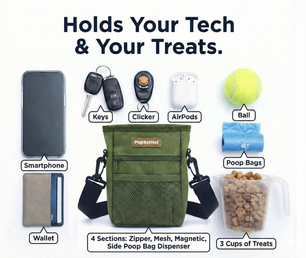 PupSensei large-capacity pouch holds treats and a tennis ball for long sessions