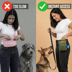 PupSensei dog treat pouch showing built-in poop bag dispenser for quick cleanup