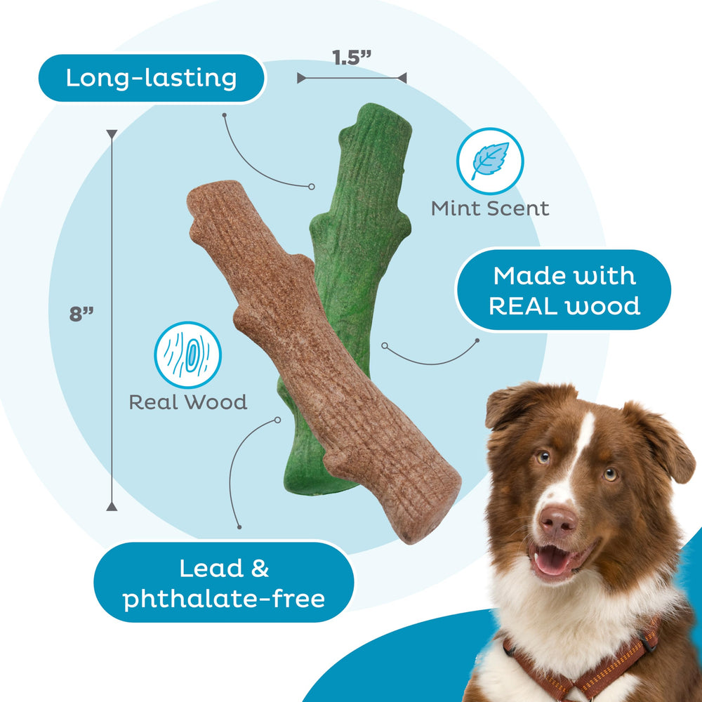 USA-made Pupstages Dogwood Breath chew toy highlighting quality materials.