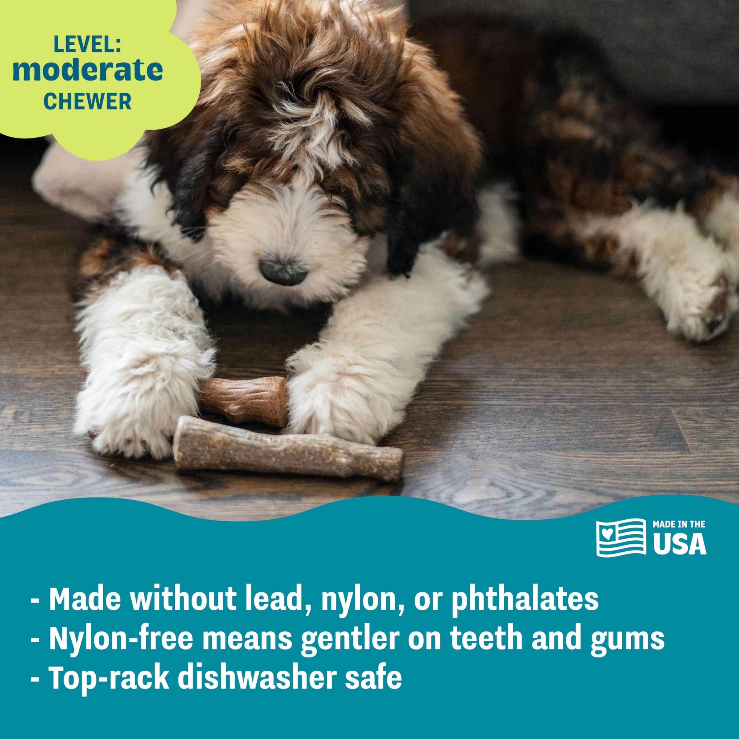 Pupstages Dogwood Calming Dog Chew Toy durable wood blend supports moderate chewers.