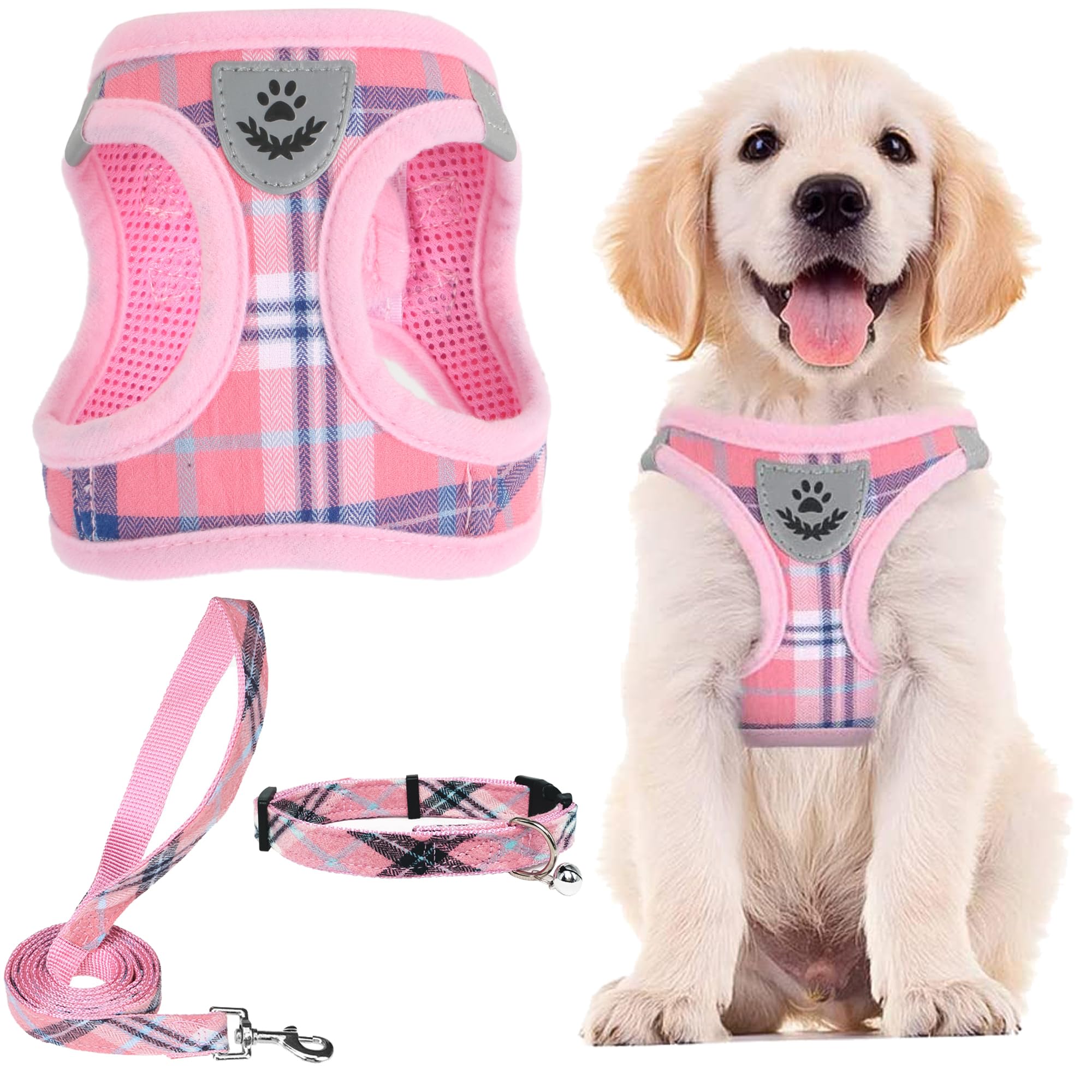 PUPTECK pink S harness front view with soft mesh padding for comfort
