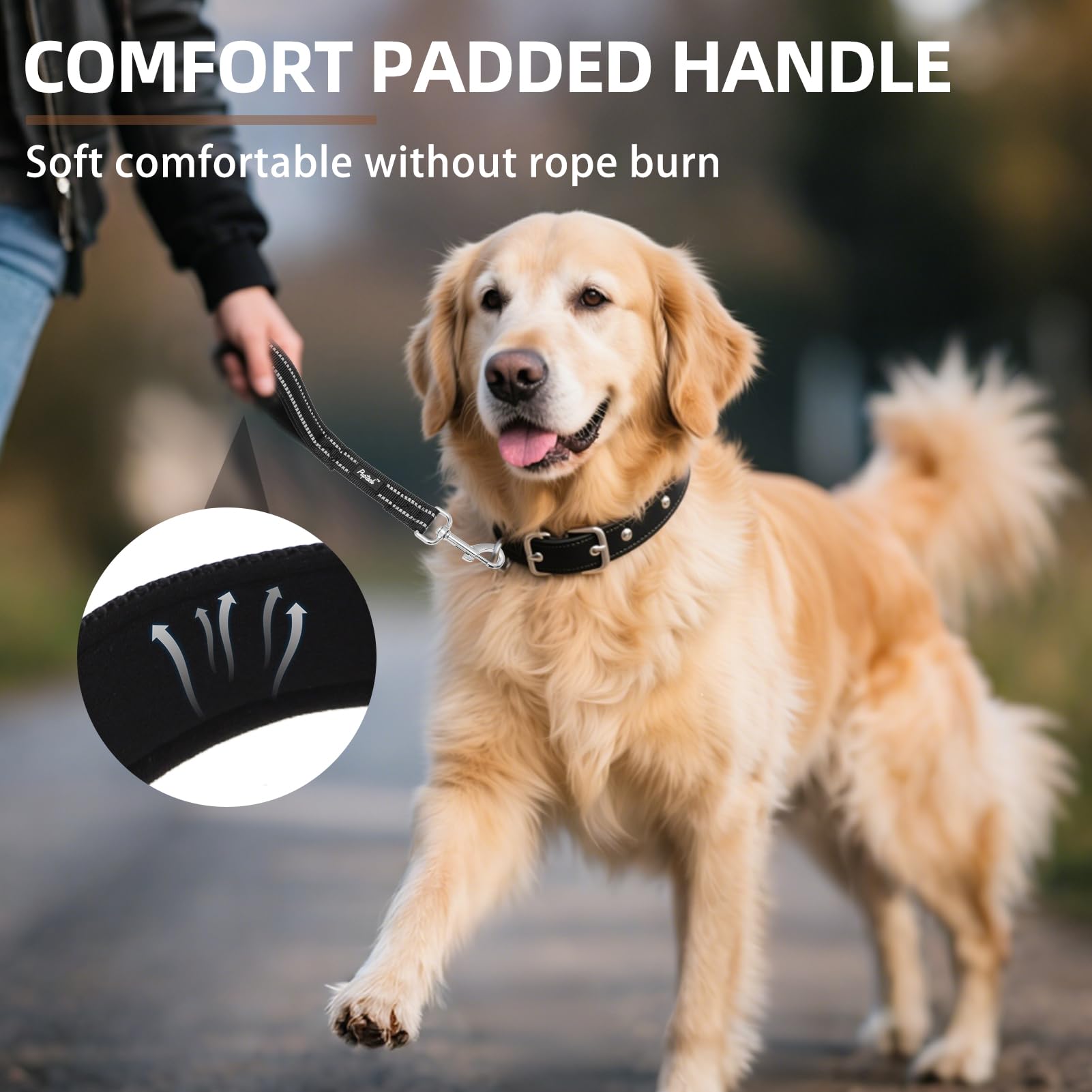 PUPTECK reflective short dog leash black 1ft padded handle for close control.