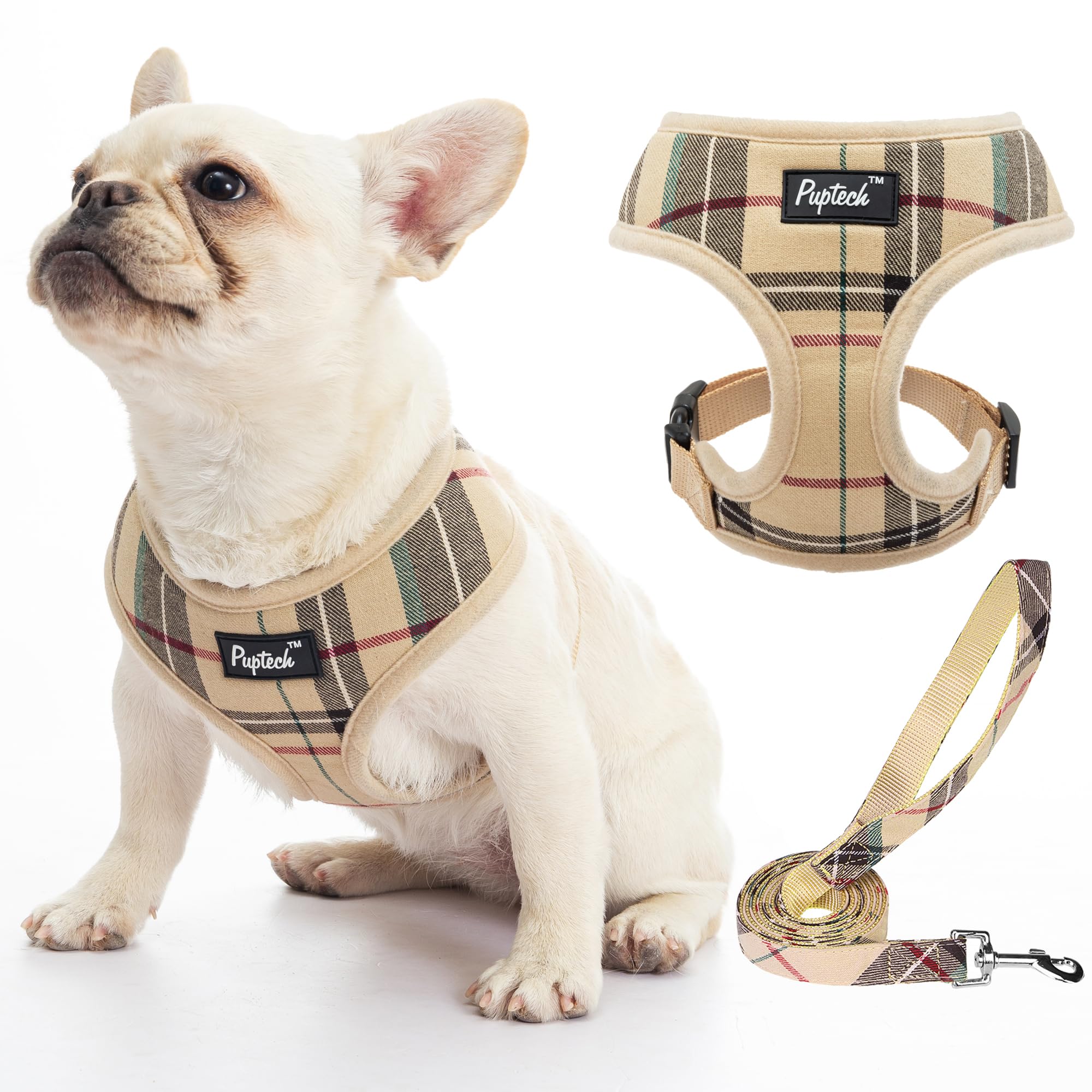 PUPTECK soft mesh harness beige front view, breathable comfort for all-day wear