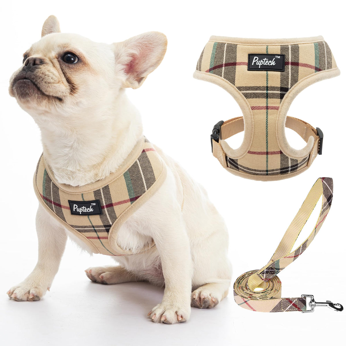 PUPTECK soft mesh harness beige front view, breathable comfort for all-day wear