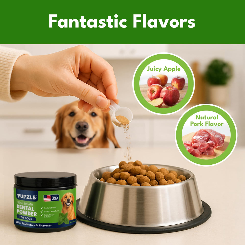 Pupzle dog enjoying apple-flavored powder on food highlighting tasty, dog-friendly supplement
