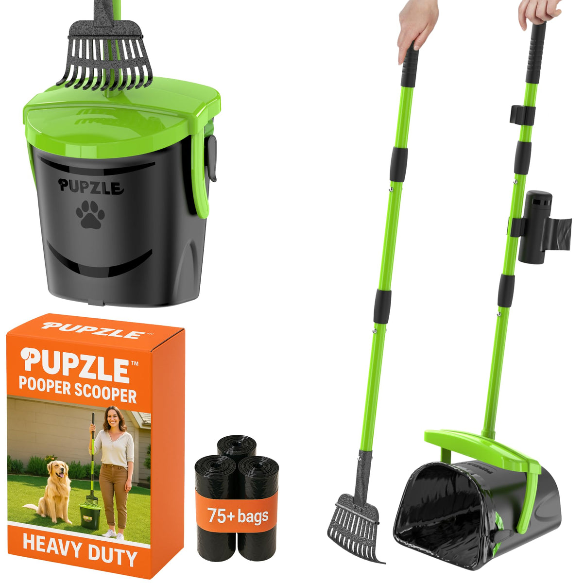 Pupzle dog pooper scooper with 40-inch handle for easy yard cleanup