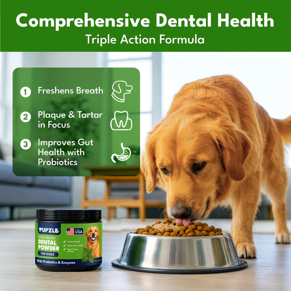 Pupzle fresh-breath ingredients graphic featuring mint parsley and green tea for cleaner mouth
