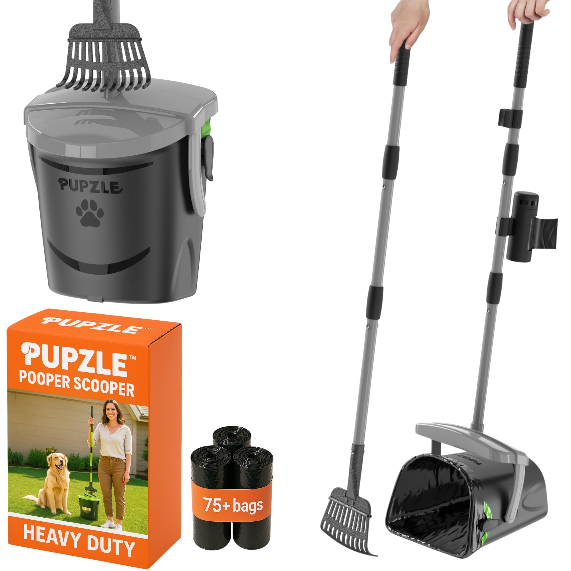 Pupzle pooper scooper with 40-inch handle for easy, hands-free yard cleanup.