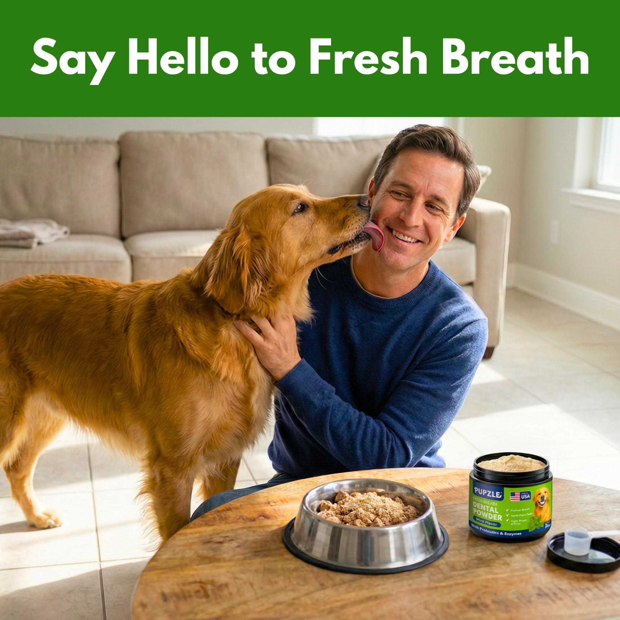 Pupzle sprinkle-on-food display highlighting convenient no-brush dental care for dogs