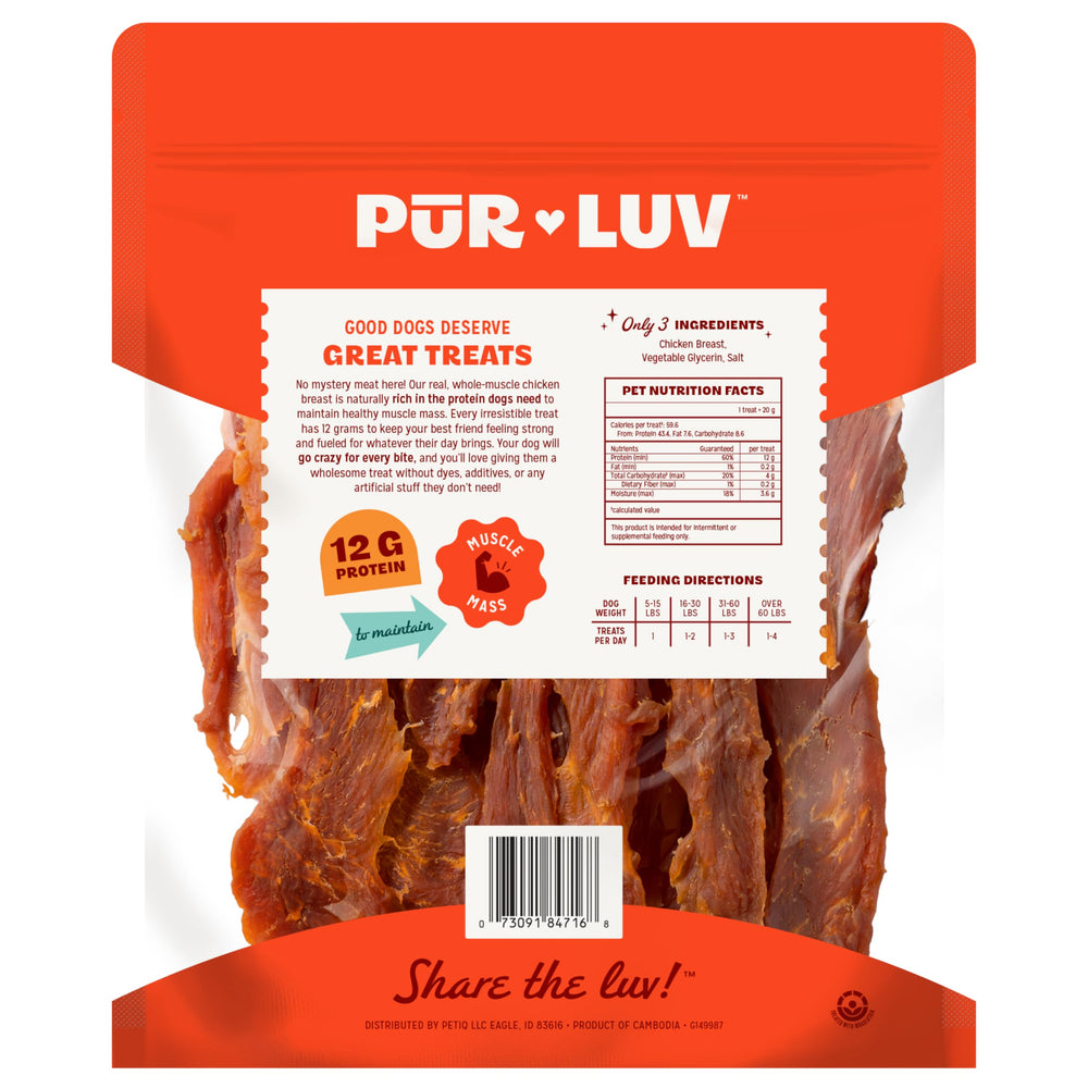 Pur Luv chicken jerky dog chews during playtime support natural chewing instinct.