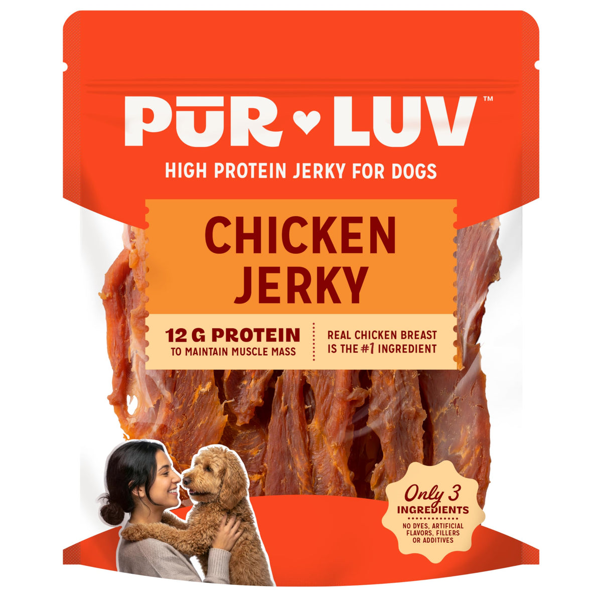 Pur Luv Chicken Jerky bag shows real chicken flavor for dogs.