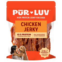 Pur Luv Chicken Jerky bag shows real chicken flavor for dogs.