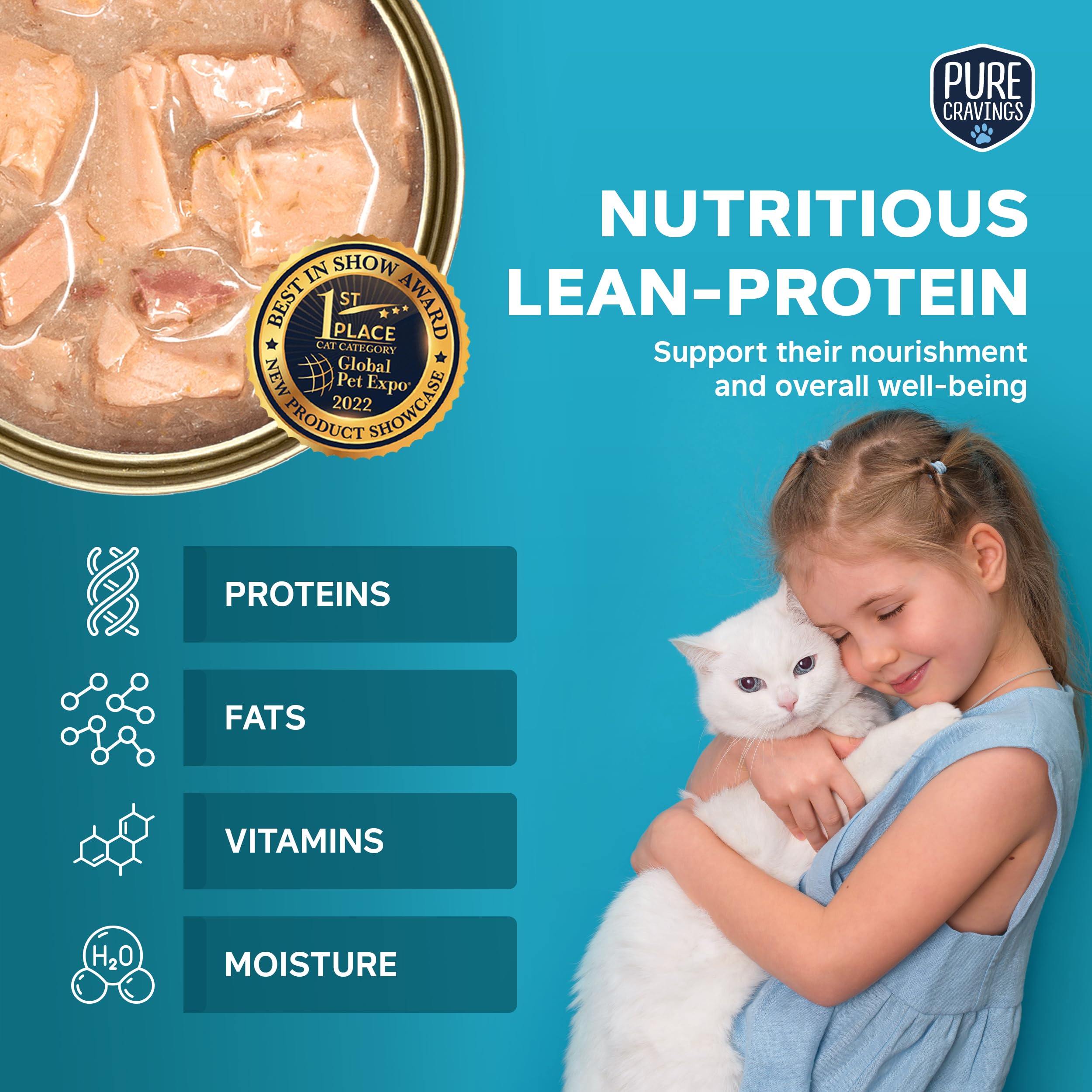 Pure Cravings Cat Food close-up emphasizes premium, mercury-tested ingredients.