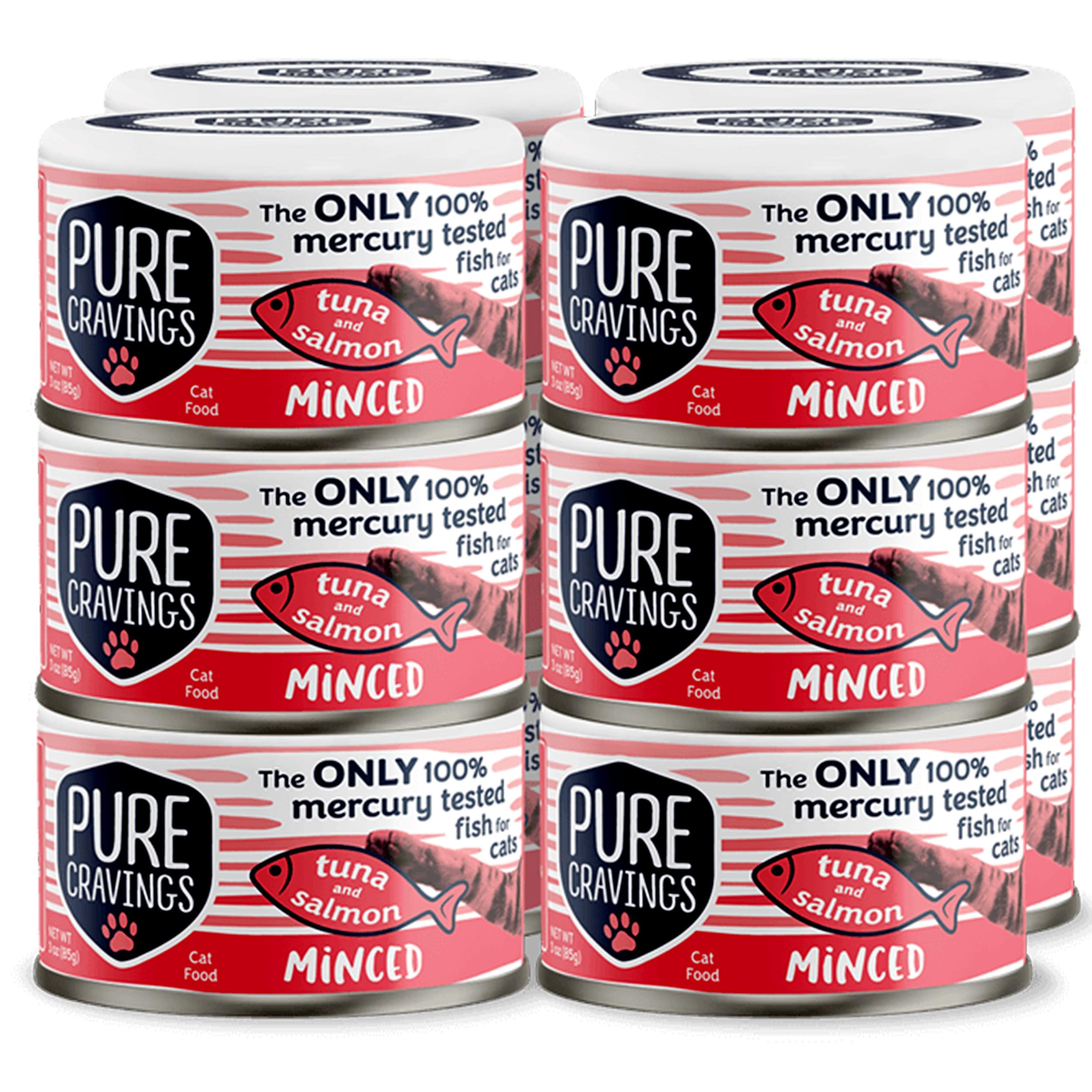Pure Cravings minced tuna and salmon wet cat food—tender texture for picky cats.
