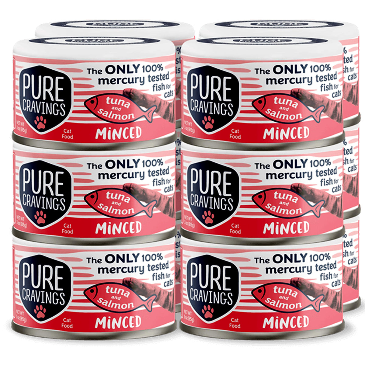 Pure Cravings minced tuna and salmon wet cat food—tender texture for picky cats.