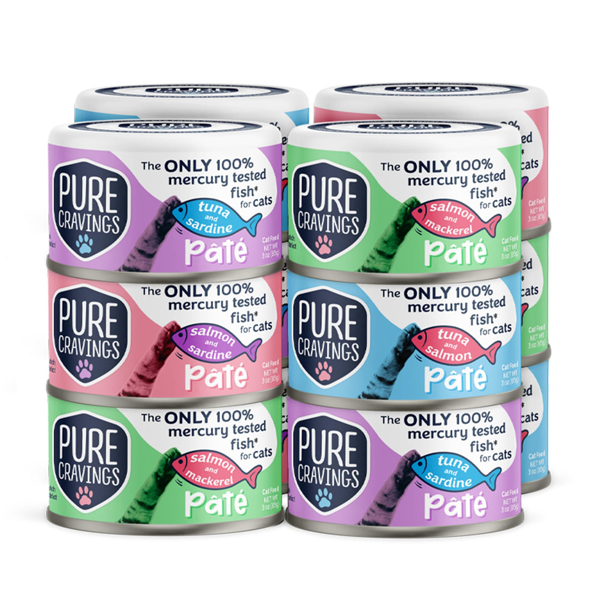 Pure Cravings Pate variety pack box shows four premium fish flavors for cats