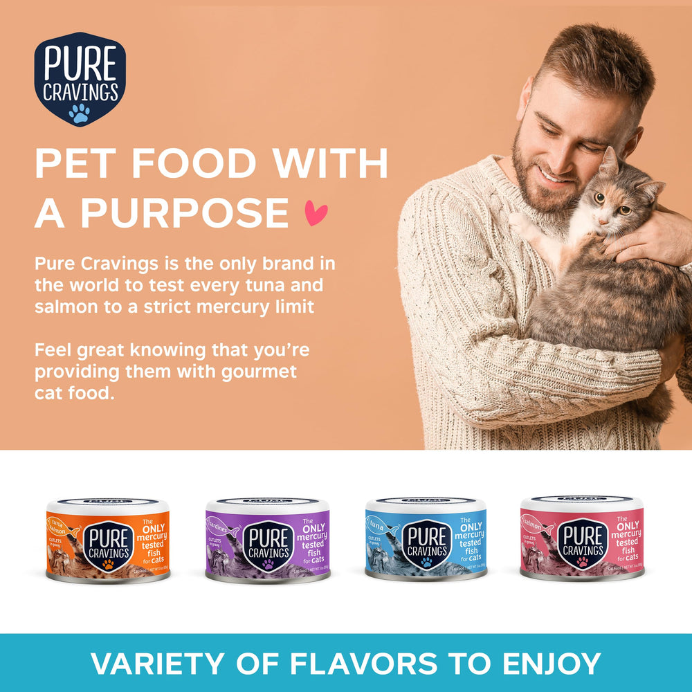 Pure Cravings premium grain-free cat food packaging on display.