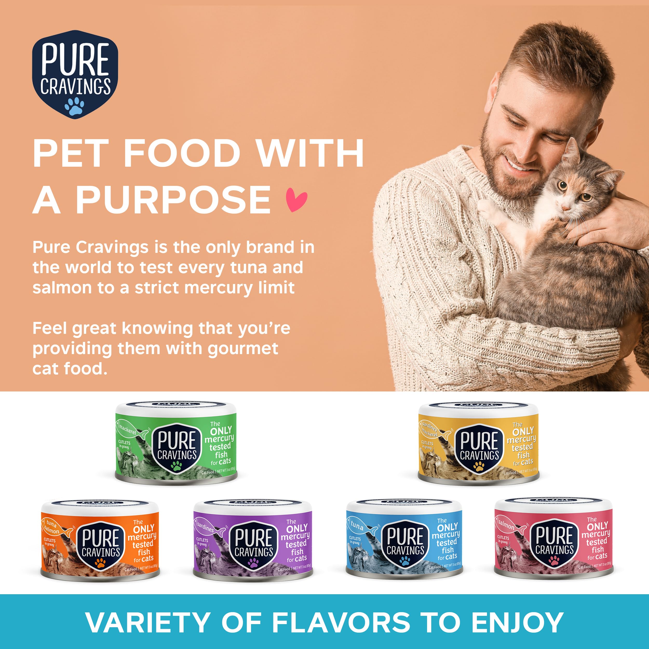 Pure Cravings sustainably wild-caught label signals responsible sourcing for cats.