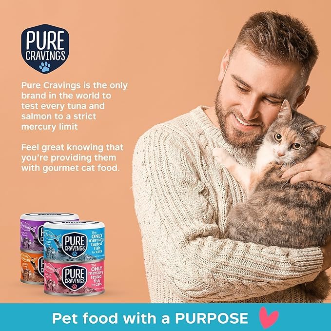 Pure Cravings mercury-tested seafood wet cat food can, traceable sourcing for peace of mind