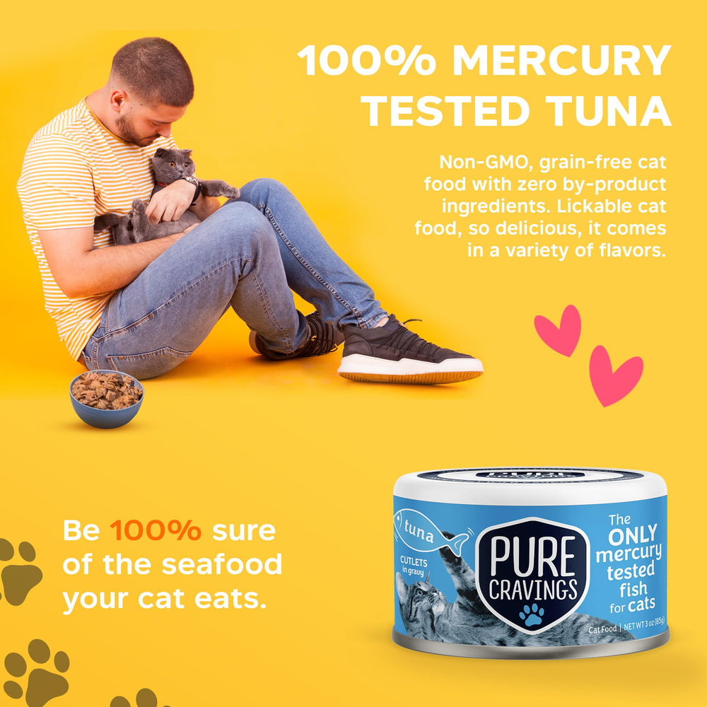 Pure Cravings sustainably wild-caught tuna with traceable supply chain label.