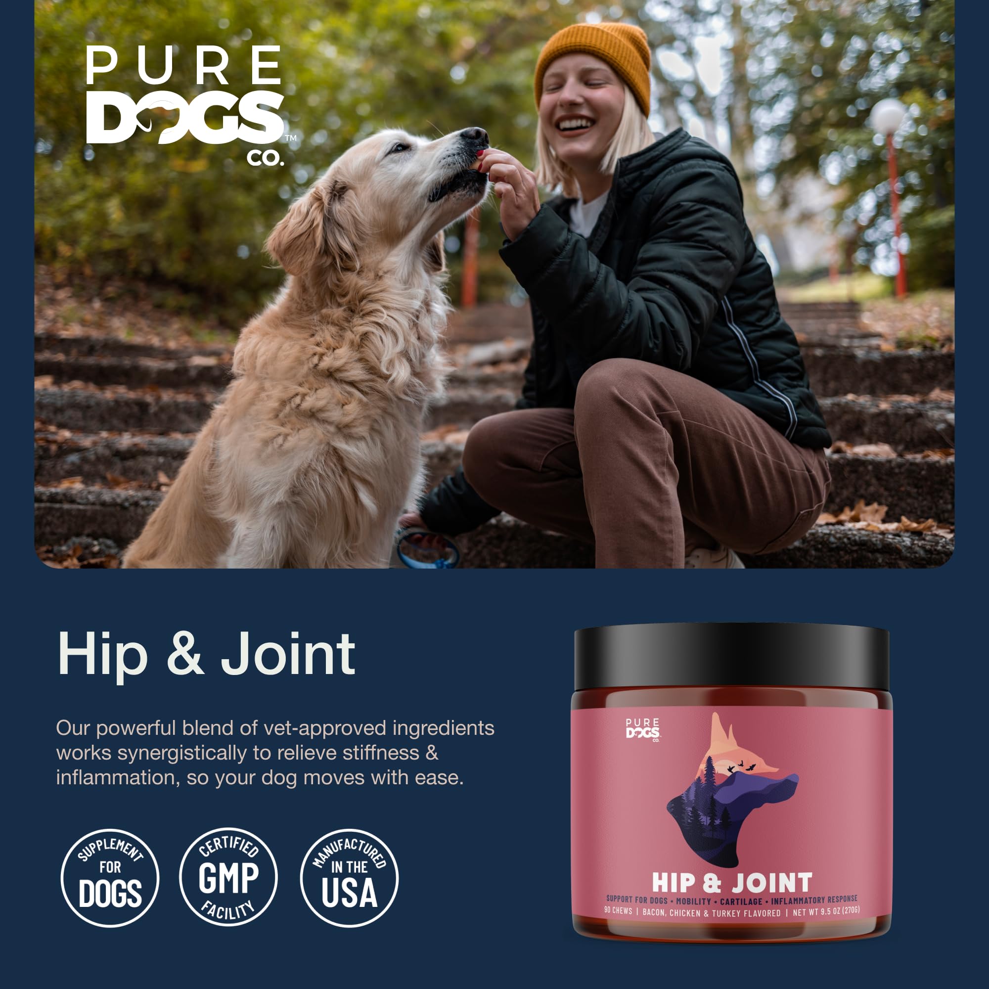 Pure Dogs Hip & Joint chews pack close-up shows grain-free formula.