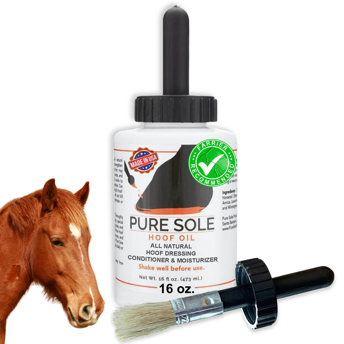 Pure Sole Hoof Oil bottle front view highlighting a natural hoof care formula