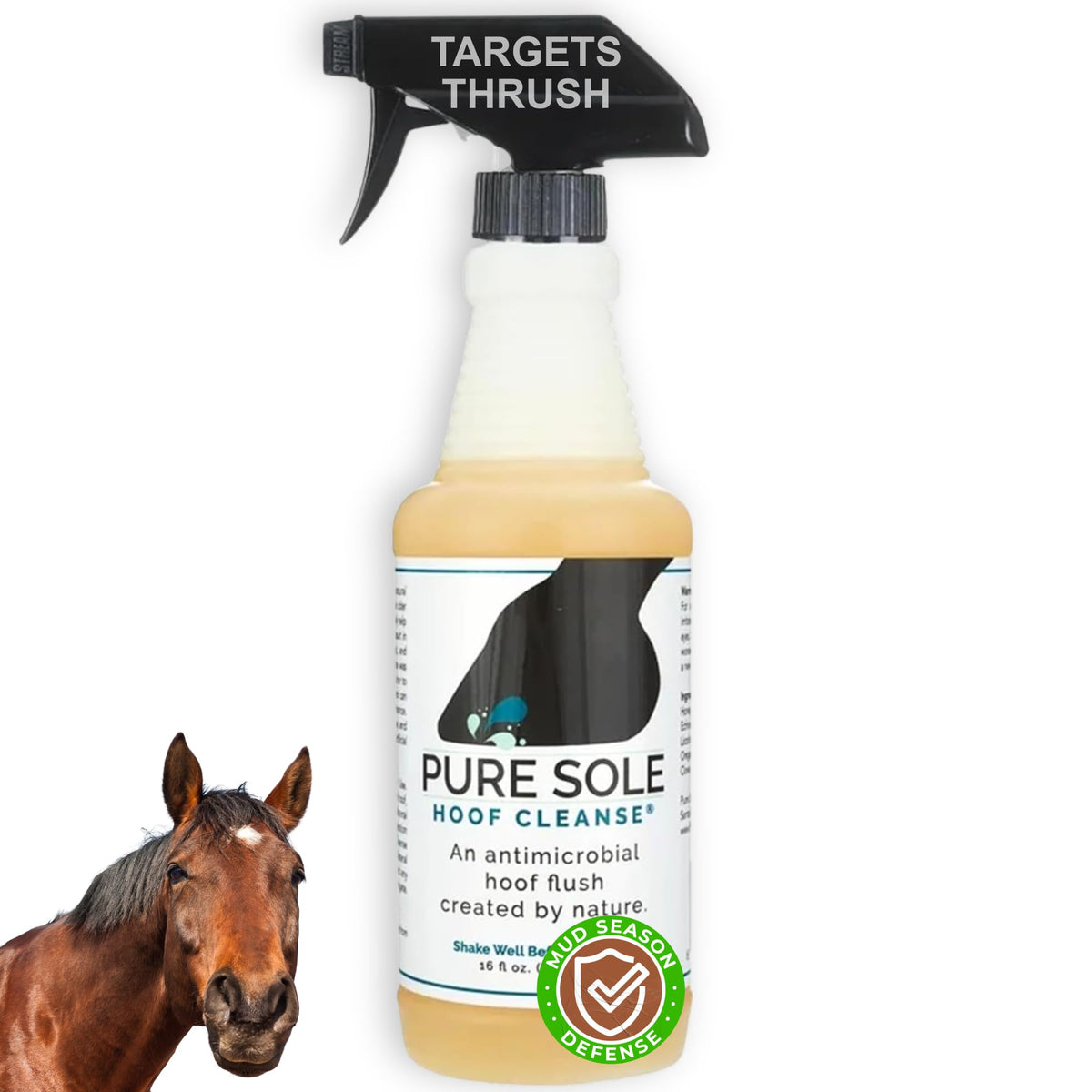 Pure Sole Thrush Spray bottle close-up for non-sting hoof cleansing