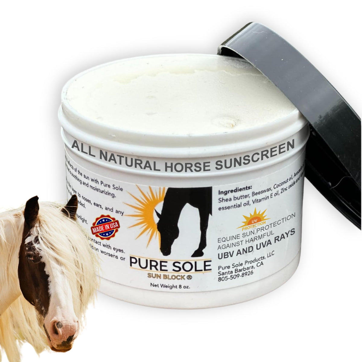 Pure Sole Sun Block Cream on horse nose provides sun protection for sensitive pink skin.