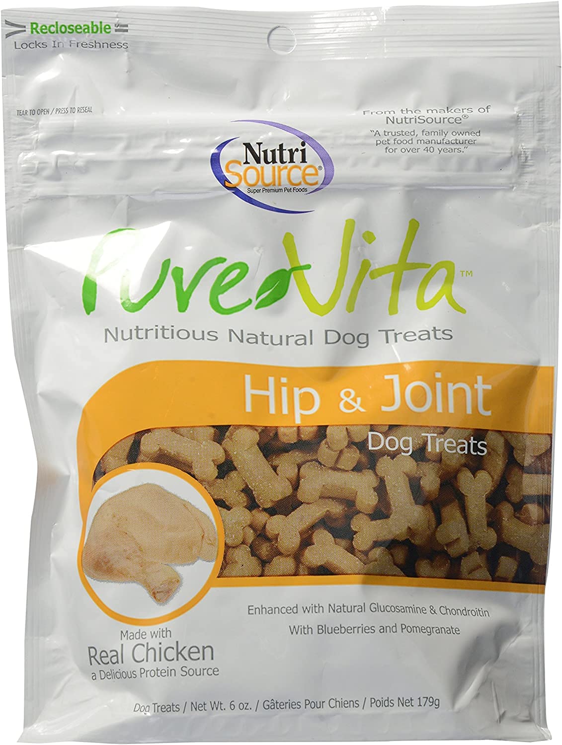 Pure Vita hip-joint treats packaging with real chicken for premium snacking