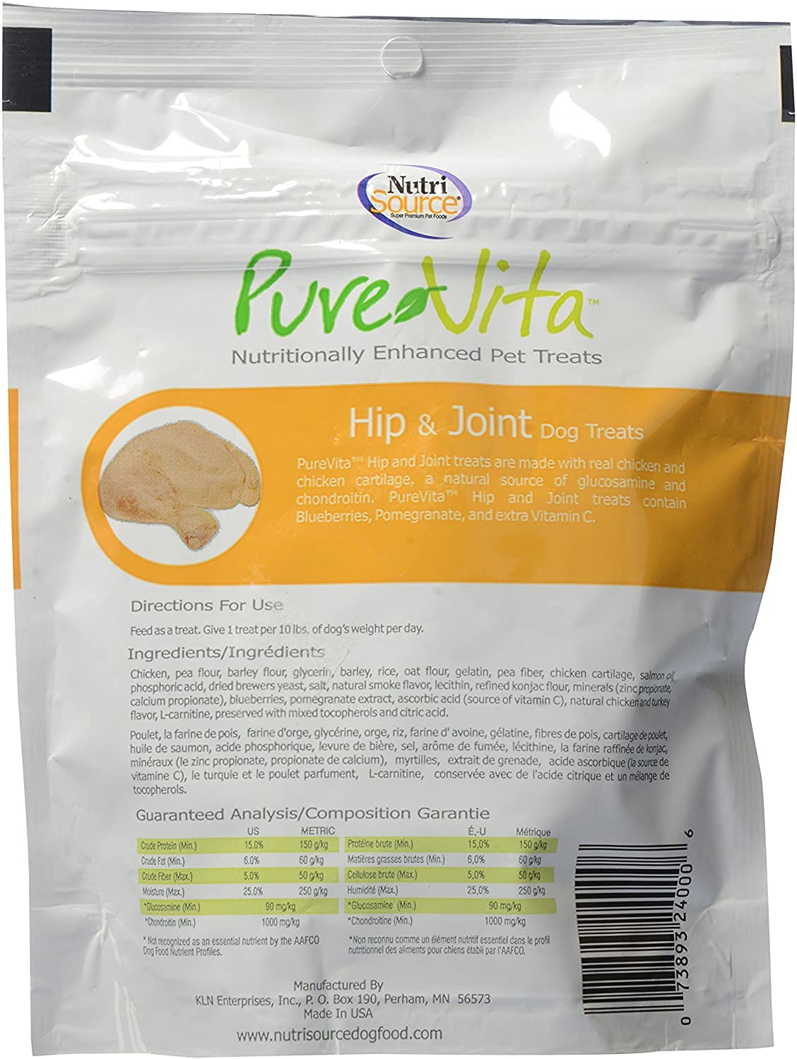 Pure Vita hip-joint treats real chicken cartilage showing joint-supporting ingredients