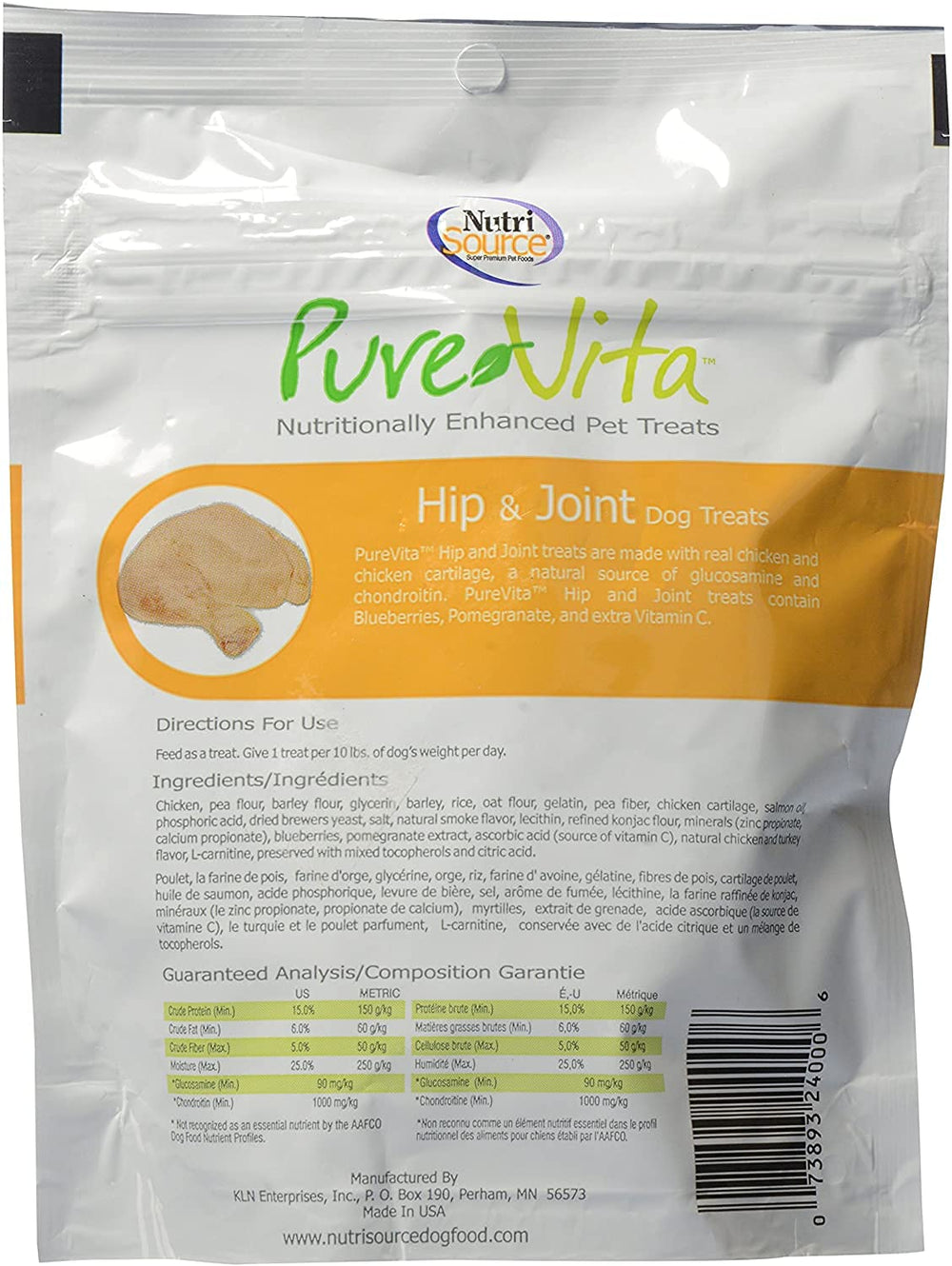 Pure Vita hip-joint treats real chicken cartilage showing joint-supporting ingredients